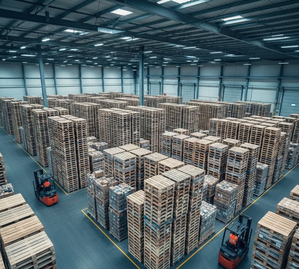 Large pallet warehouse with forklifts