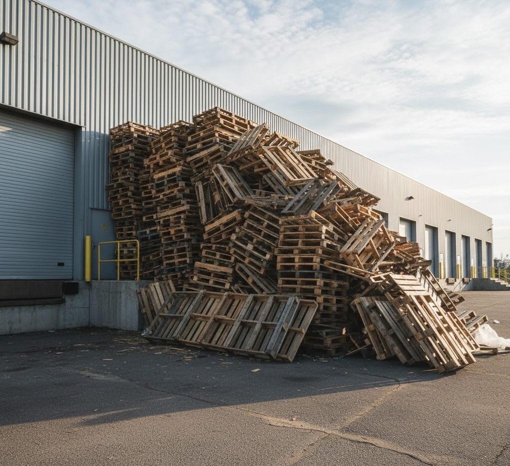 Used pallets at loading dock for recycling