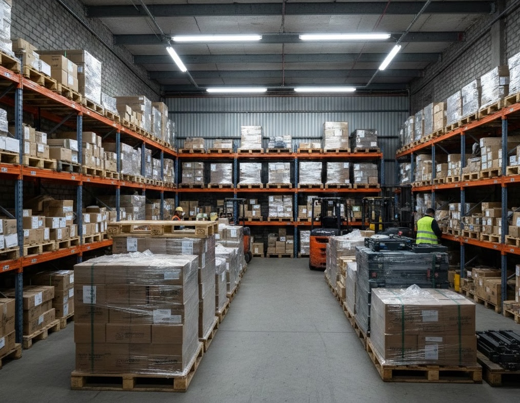 Organized warehouse with palletized goods on shelving