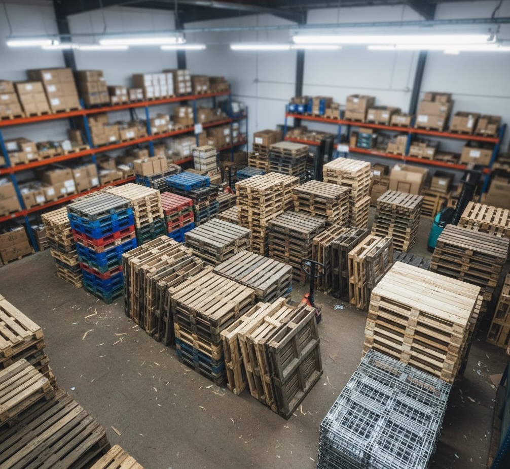 Mixed wood and plastic pallets in sorting facility